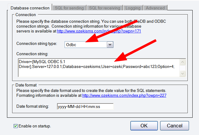 specifying the connection string for the mysql database