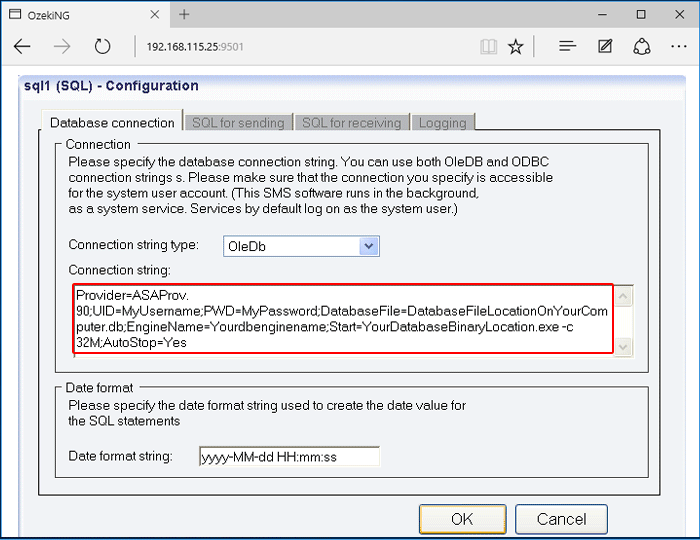 specifying the connection string for the oracle database