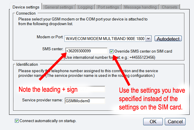 smsc settings in the ozeki sms gateway