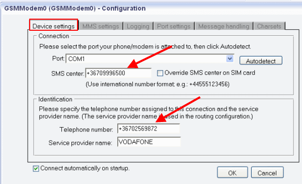 select the port in the device settings tab