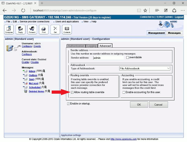 enable sms routing override for the user
