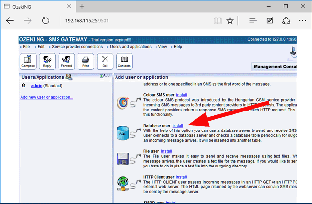 start the installation of a database connection