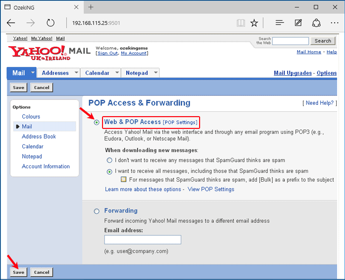 yahoo mail specify the web pop access
