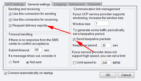enable delivery report request and increase the keepalive interval