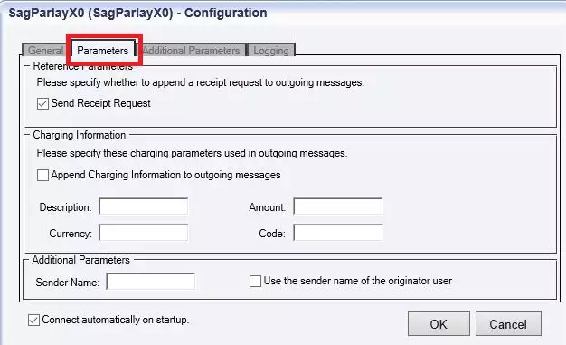 parameters tab of the sag parlayx Ssoap/xml connection