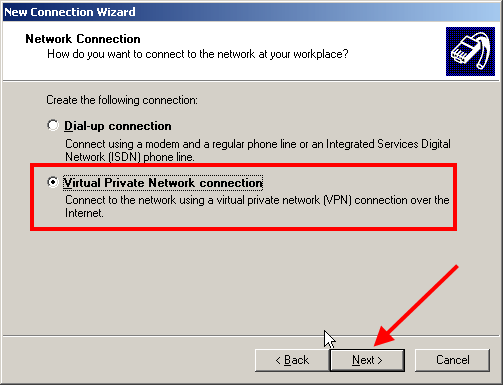 select the virtual private network connection option