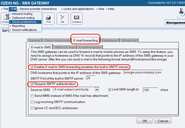 configuring e-mail forwarding in the edit or server preferences menu