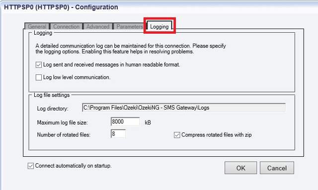 logging configuration of the https sms service provider