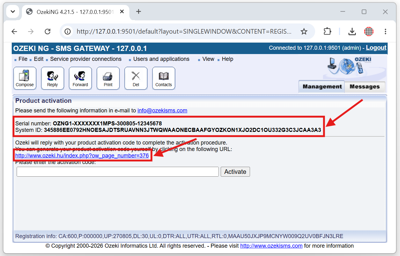 ozeki ng sms server sotware activation page