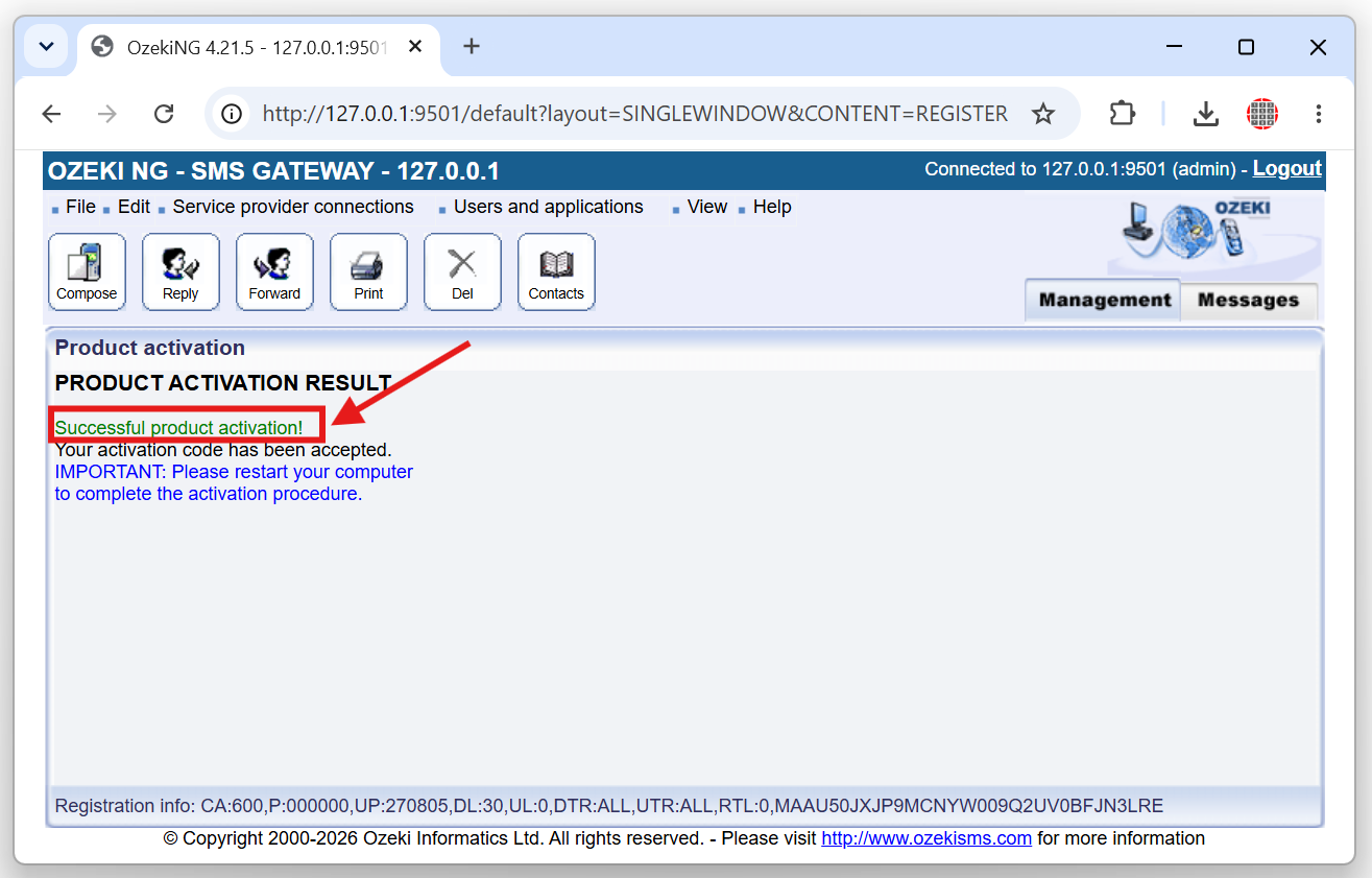 successful activation of the ozeki ng on premise sms server sotware