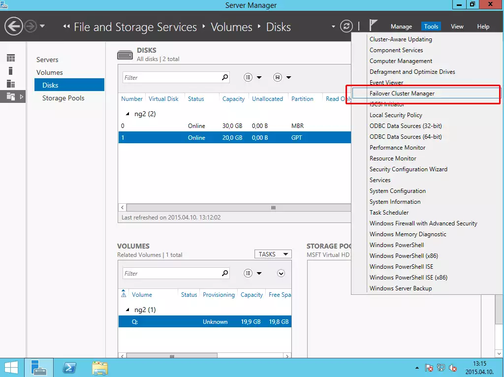 selecting failover cluster manager from the tools menu